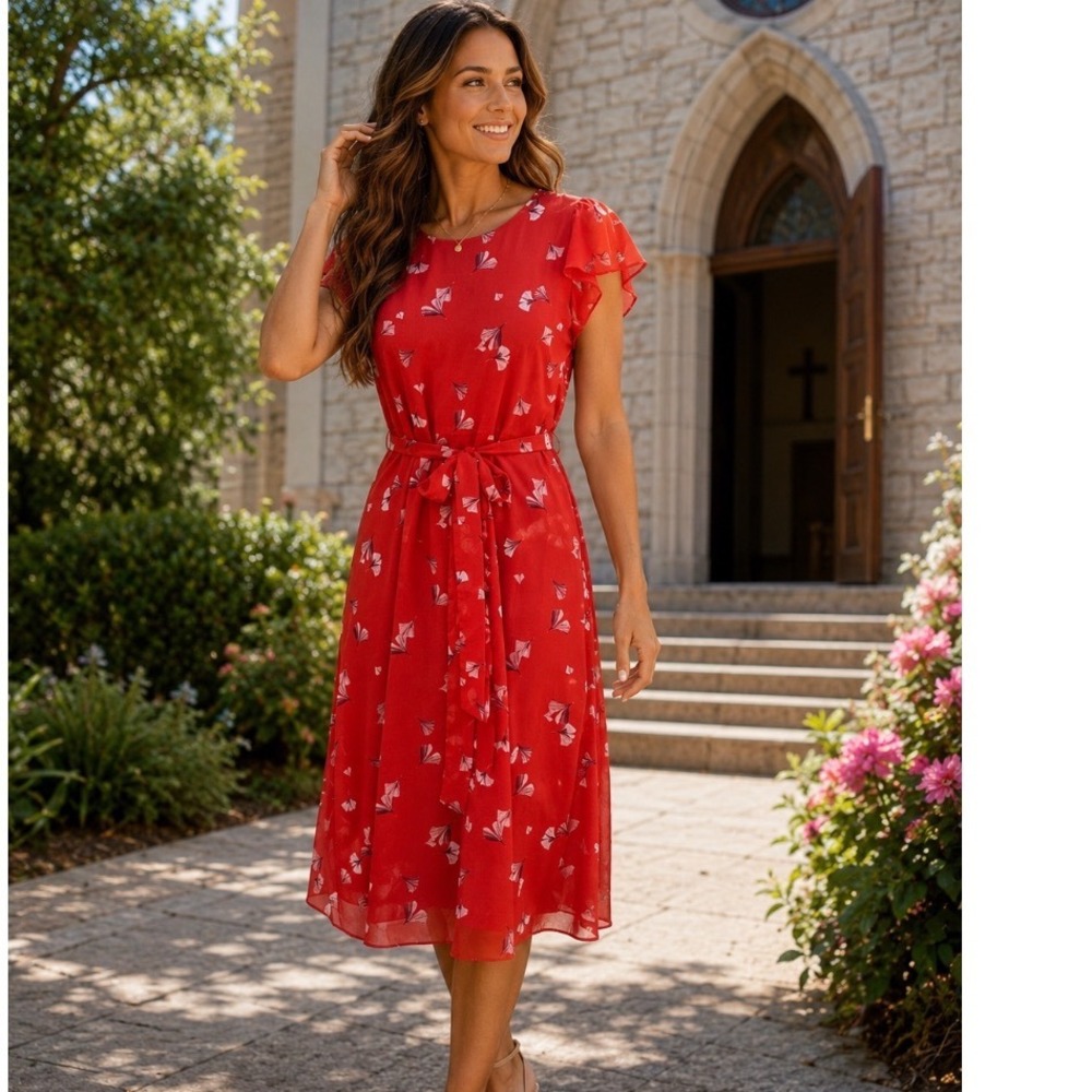 Banana republic dress 6P Red Floral Midi Flutter Sleeve Tie‎ Waist Keyhole Back